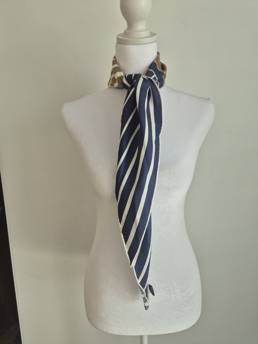 Salvatore Ferragamo Navy, White & Tan Striped Silk Neck Scarf